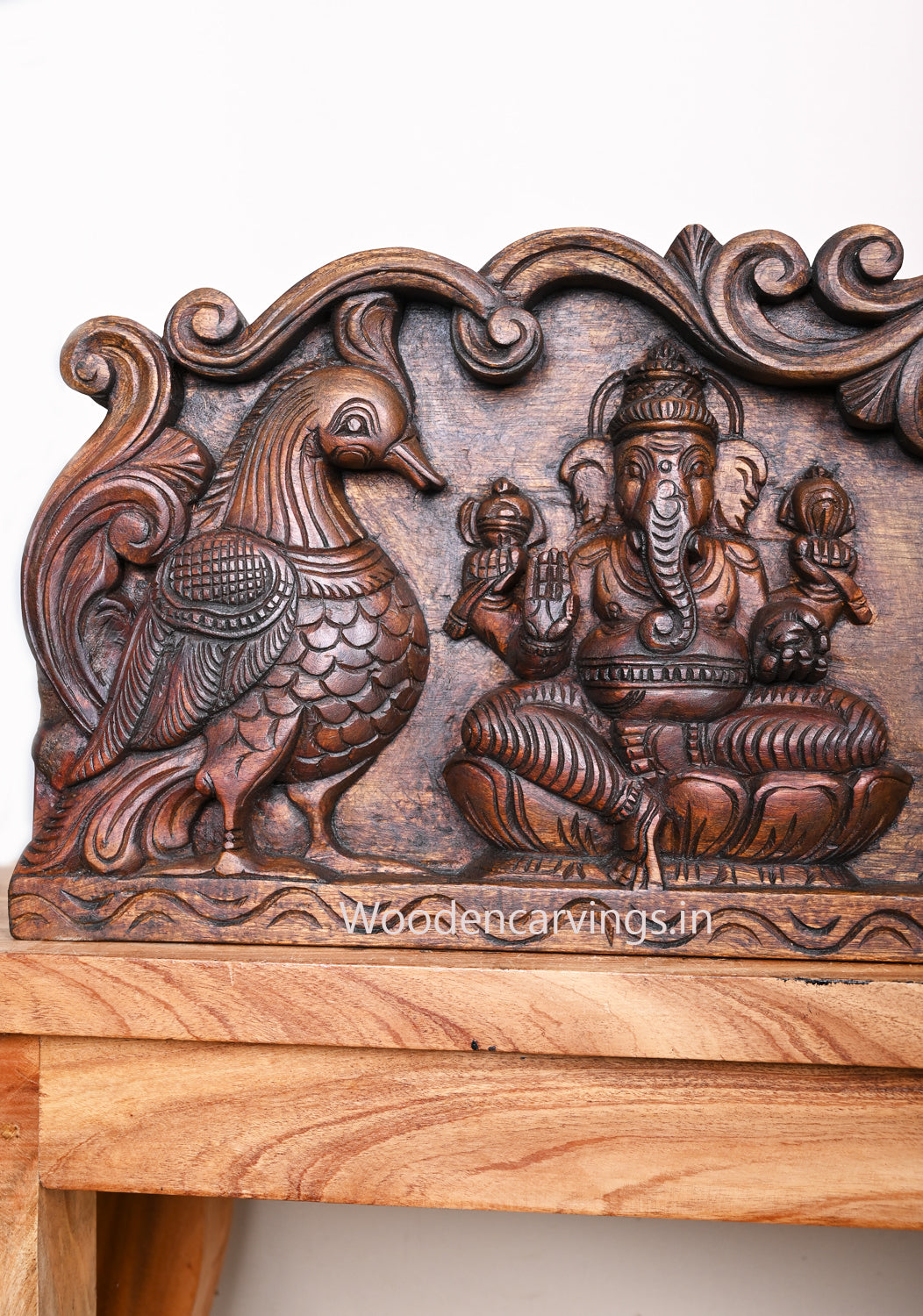 Lord Mahadev With Devi Parvathi, Goddess Lakshmi, Lord Ganesh With Hamsa Bird Horizontal Wooden Wall Panel 42"