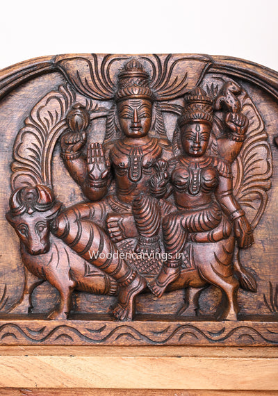 Lord Mahadev With Devi Parvathi, Goddess Lakshmi, Lord Ganesh With Hamsa Bird Horizontal Wooden Wall Panel 42"