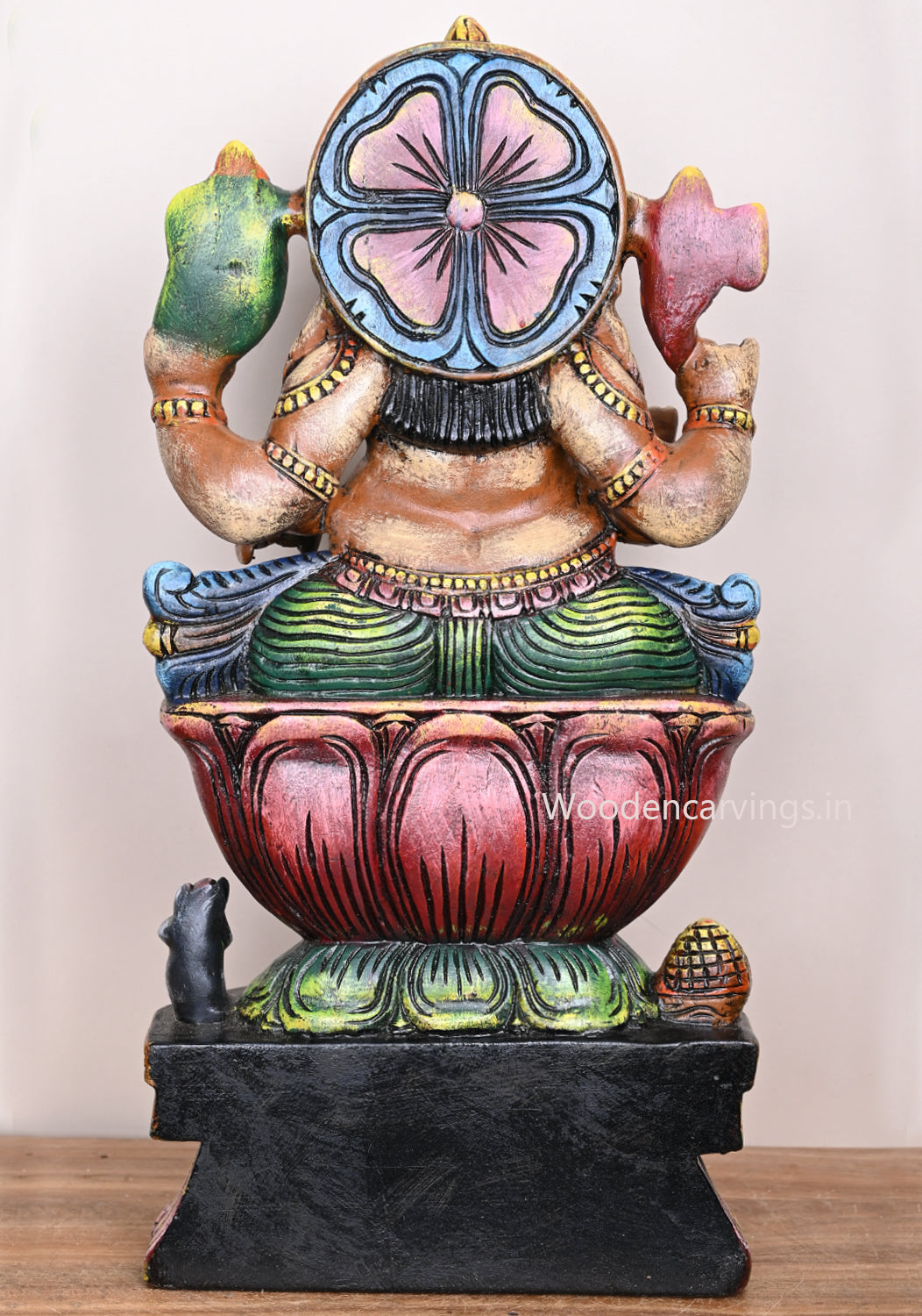 Mangalahara Mango Ganapathy Seated on Pink Lotus With Rat Wooden Multicoloured Finishing Sculpture 24"