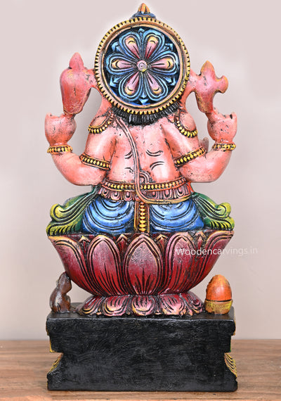 Wear Blue Dhothi Orange Ganapathy on Pink Lotus With His Vahana Mouse Wooden Multicoloured Sculpture 24"