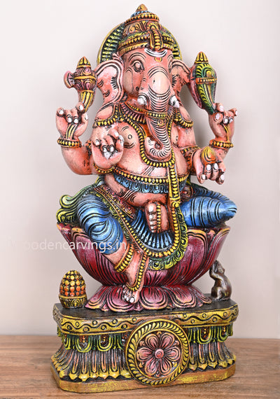 Wear Blue Dhothi Orange Ganapathy on Pink Lotus With His Vahana Mouse Wooden Multicoloured Sculpture 24"