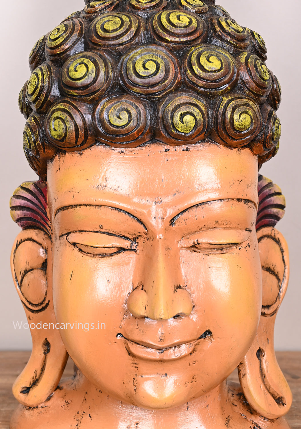 Snail Head Lord Buddha Multicolour Finishing Entrance Decoration Wooden Wall Mount Sculpture 20"