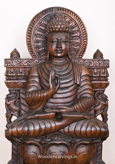 Wooden Lord Buddha Vitarka Mudra Seated on Lotus Dark Brown Handmade Sculpture 24.5"