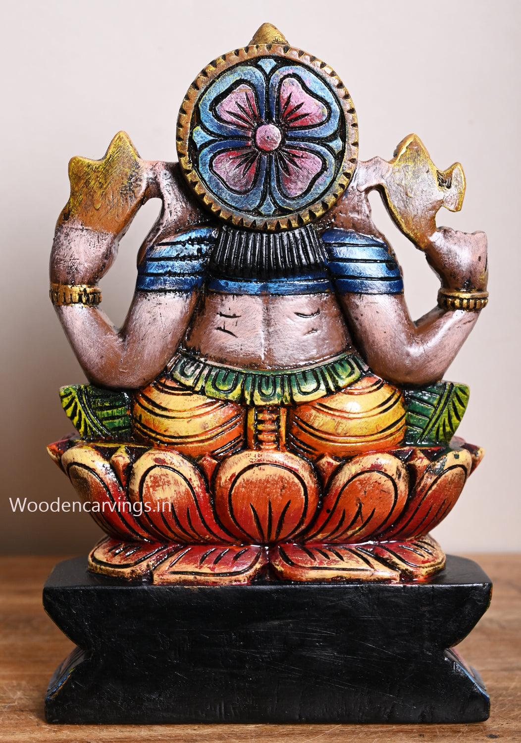 Cute Little Multicoloured Wooden Ganapathy Seated on Lotus Pooja Room Decor Sculpture 12"