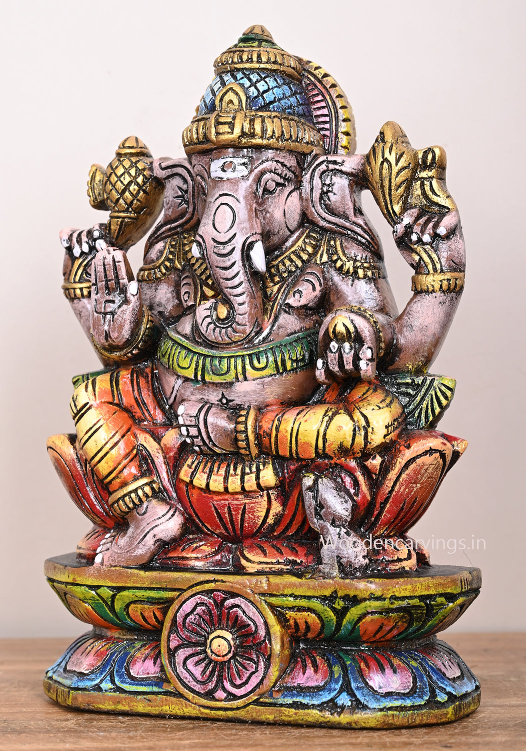 Cute Little Multicoloured Wooden Ganapathy Seated on Lotus Pooja Room Decor Sculpture 12"