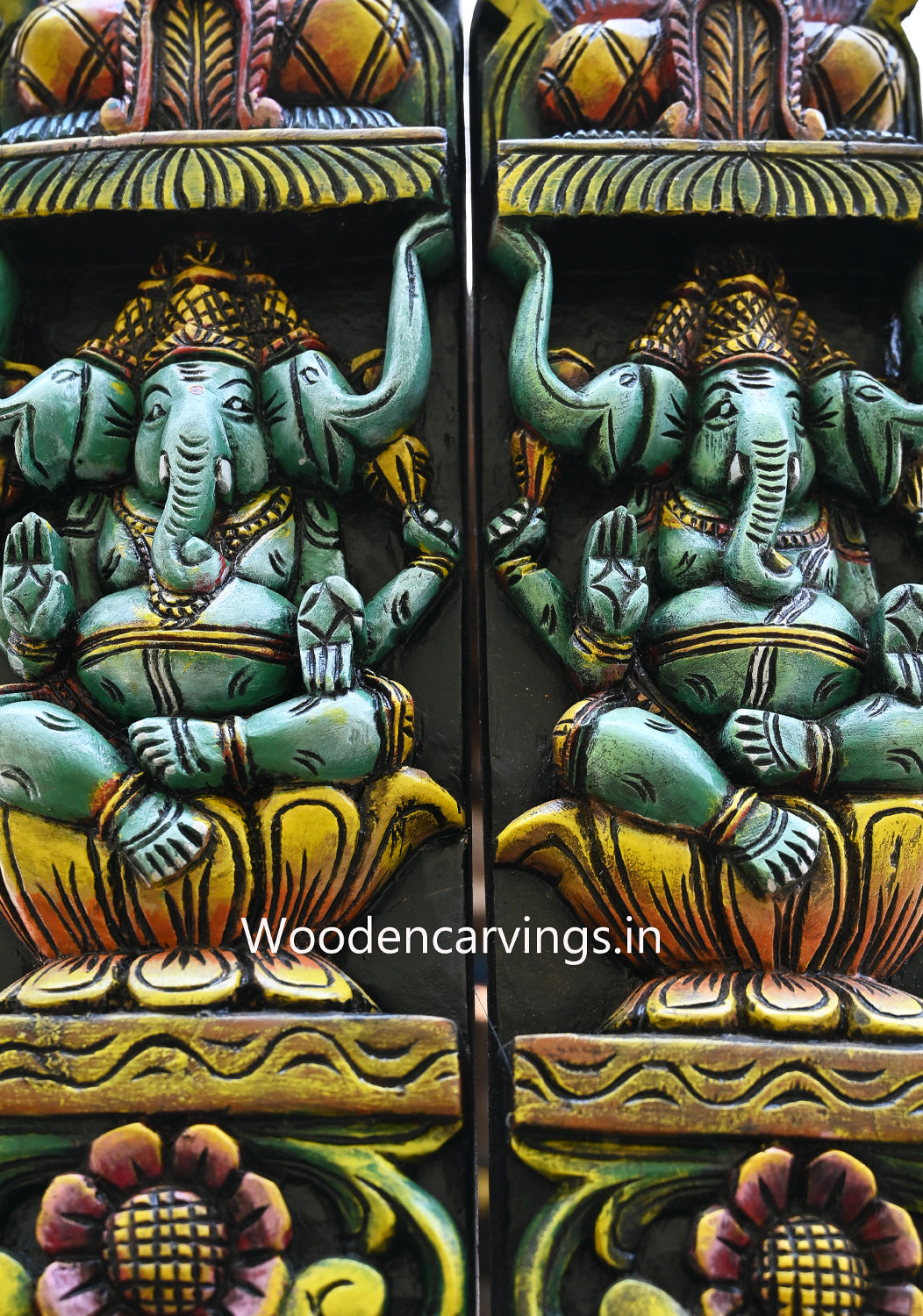 Vertical Colourful Entrance Decoration Lord Ganesh with Maha Lakshmi and Parrots wall panel 82.5"