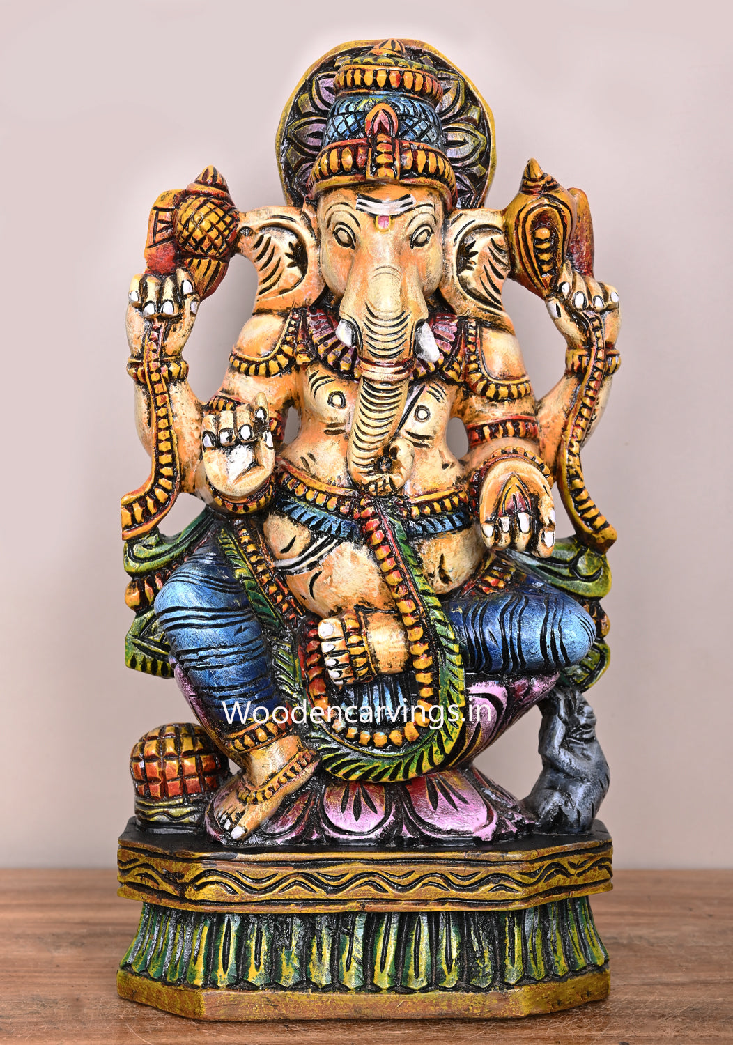 Lord Ganapathy Seated on Flower Lotus Pooja Room and Home Decor Multicoloured Wooden Sculpture 18.5"