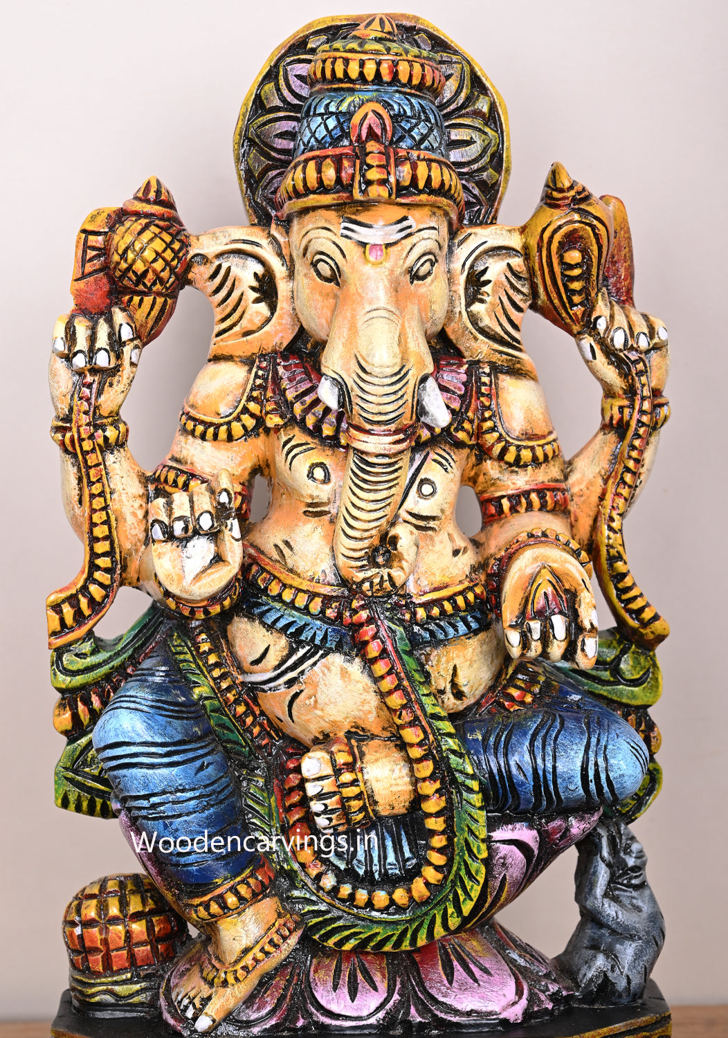 Lord Ganapathy Seated on Flower Lotus Pooja Room and Home Decor Multicoloured Wooden Sculpture 18.5"
