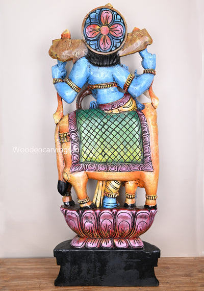 Lord Madhav Krishna Standing With Animal Cow on Flower Pink Lotus and Playing With Flute Wooden Sculpture 46.5"