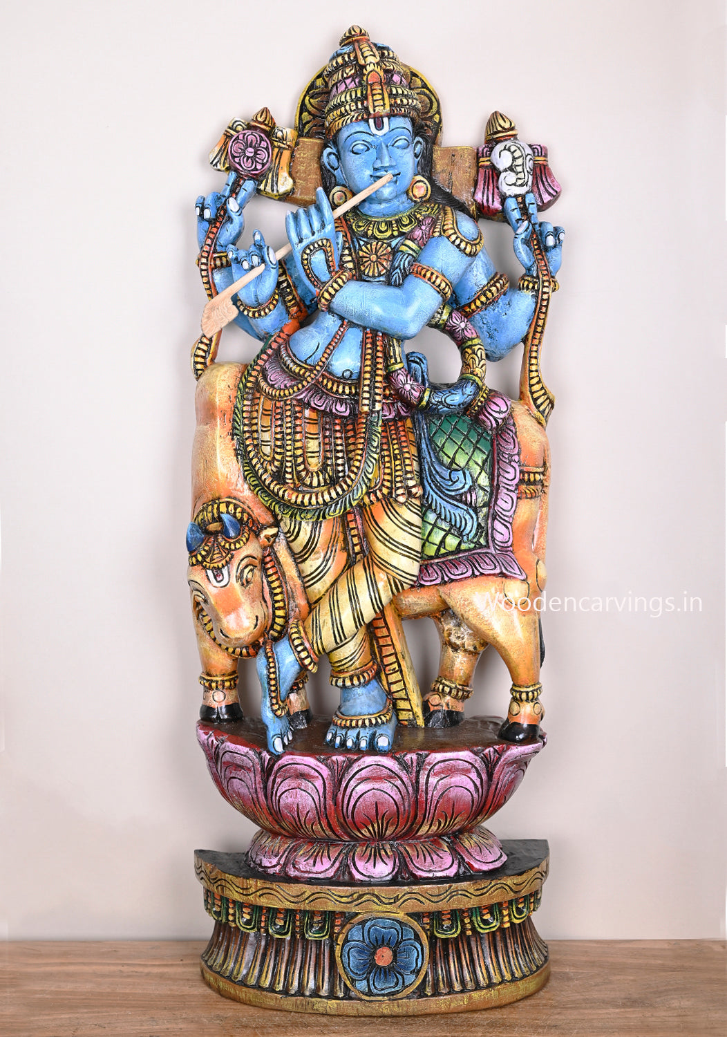 Lord Madhav Krishna Standing With Animal Cow on Flower Pink Lotus and Playing With Flute Wooden Sculpture 46.5"