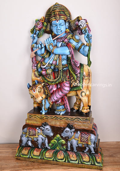 Protector of Animal Cow Lord Murthi Krishna Decor For Your Pooja Room Wooden Handmade Multicoloured Sculpture 36"