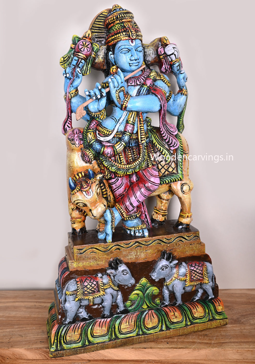 Protector of Animal Cow Lord Murthi Krishna Decor For Your Pooja Room Wooden Handmade Multicoloured Sculpture 36"