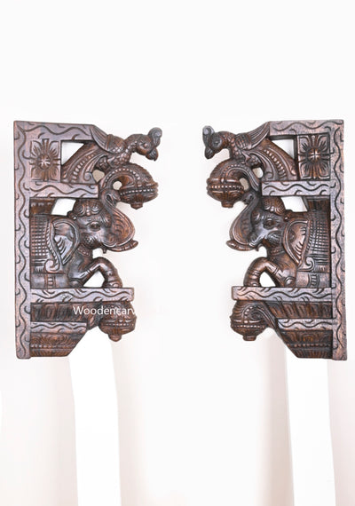 Detaily Carved Upraised Elephants with Parrots Wooden Handmade Light Weight Paired Wall Brackets 15"