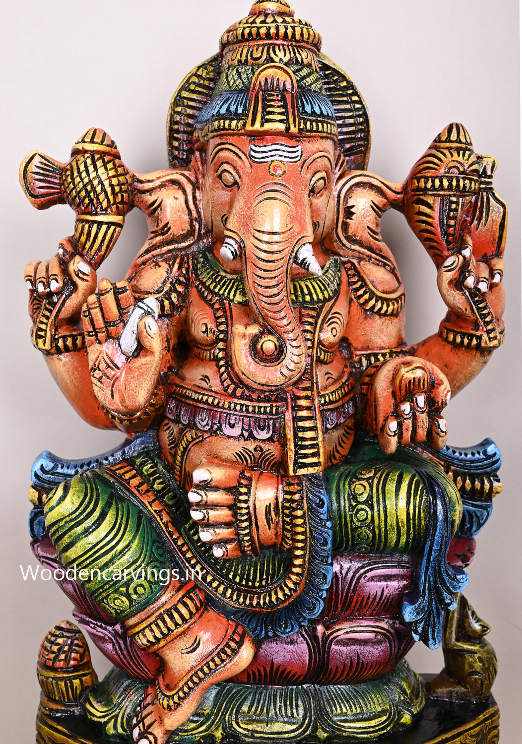 Wooden Orange Colourful Ganapathy Seated on Double Petal Pink Lotus Handmade Home Decor Sculpture 24.5"