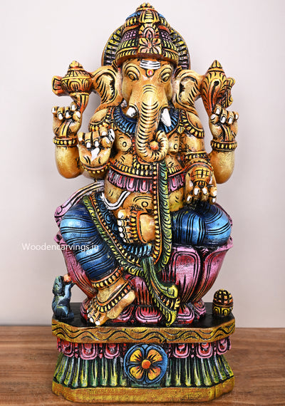 Yellowish Mangala Hara Ganapathy Ready For Decor Your Home Beautiful Coloured Wooden Sculpture 25"