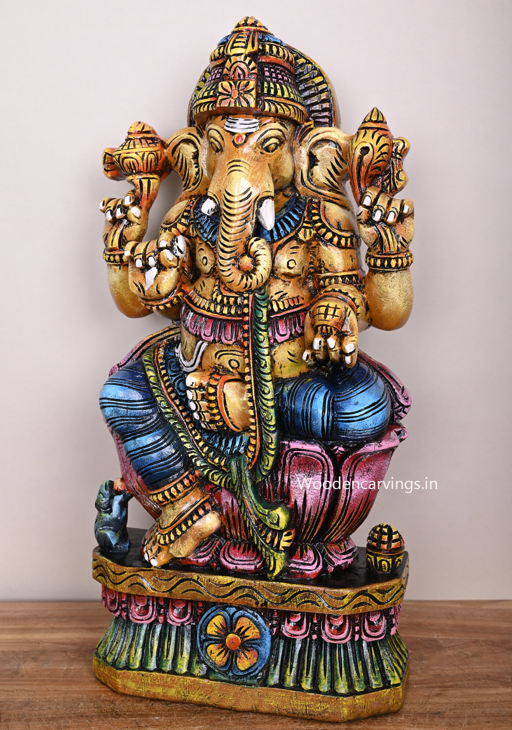Yellowish Mangala Hara Ganapathy Ready For Decor Your Home Beautiful Coloured Wooden Sculpture 25"