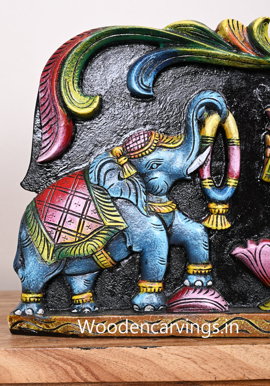 Wooden Gaja Lakshmi With Grey Elephants Simple Floral Design Horizontal Coloured Wall Panel 25"