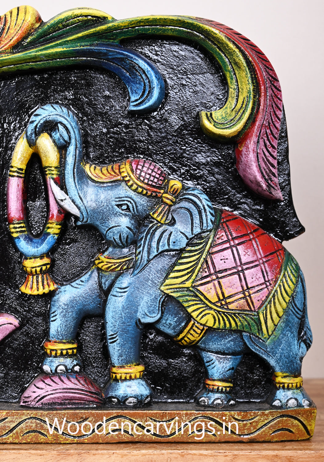 Wooden Gaja Lakshmi With Grey Elephants Simple Floral Design Horizontal Coloured Wall Panel 25"