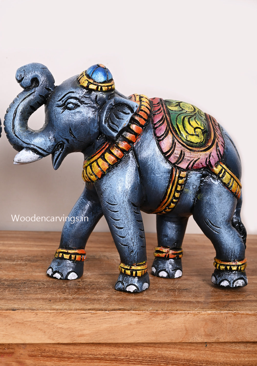 Light Weight Decorative Coloured Elephants Upraised Both of Them Trunk Handmade Sculpture 11"