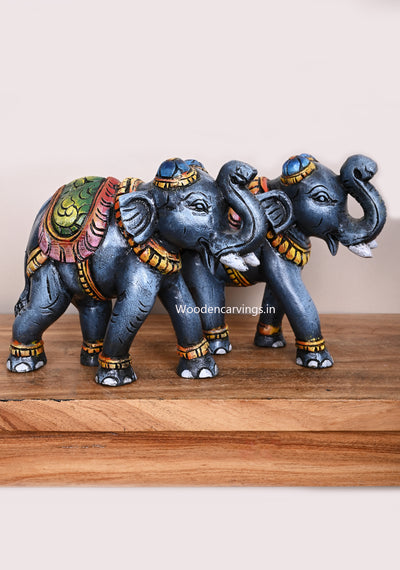 Light Weight Decorative Coloured Elephants Upraised Both of Them Trunk Handmade Sculpture 11"