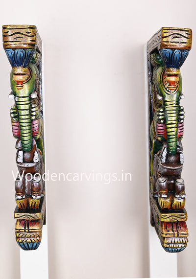 Paired Green Lion Faced Yaazhi With Grey Elephants Decorative Wooden Wall Mount Wall Brackets 19"