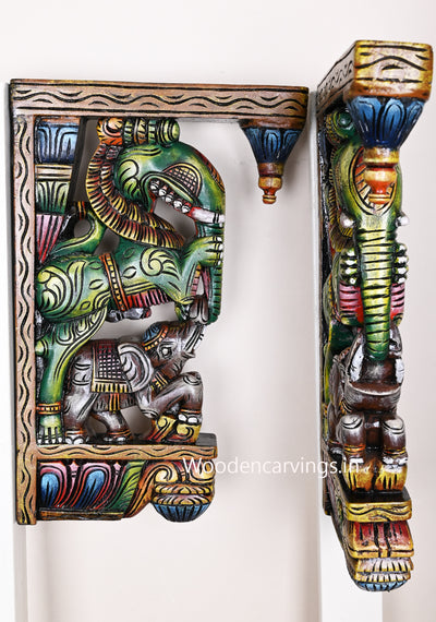 Paired Green Lion Faced Yaazhi With Grey Elephants Decorative Wooden Wall Mount Wall Brackets 19"