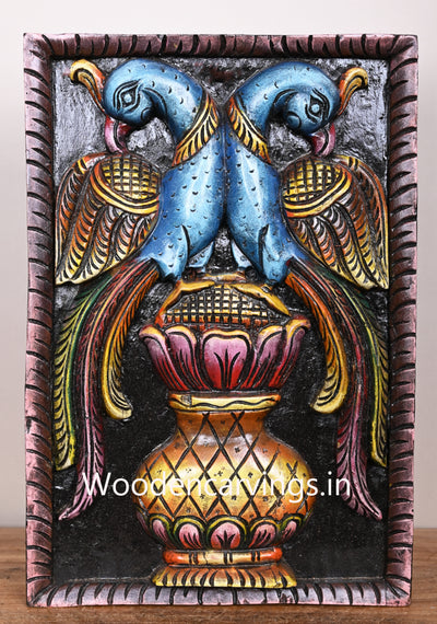 Wooden Paired Blue Standing Beautiful Peacocks Frame Design Multicoloured Art Work Wall Mount 18"