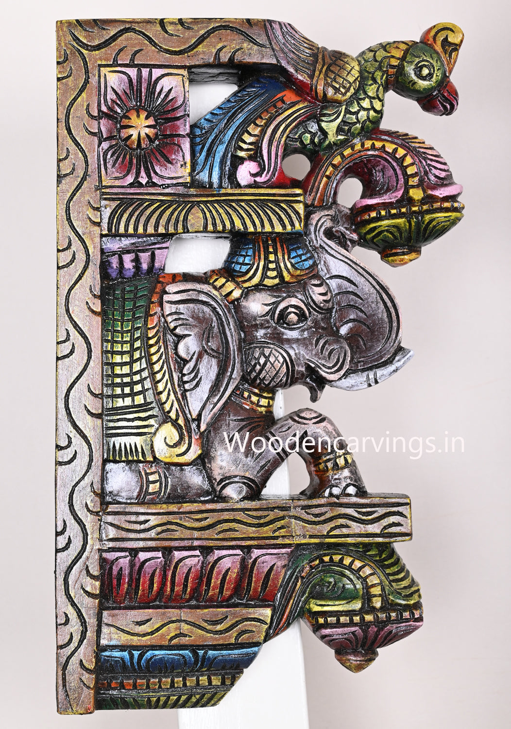 Colourful Grey Elephants Carved With Green Parrots Hooks Fixed Wooden Handmade Wall Brackets 15"