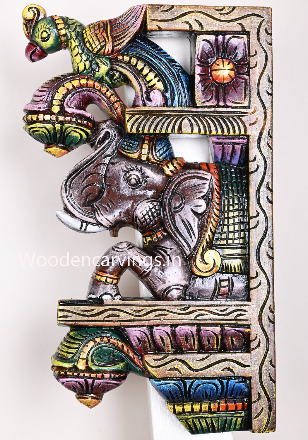 Colourful Grey Elephants Carved With Green Parrots Hooks Fixed Wooden Handmade Wall Brackets 15"