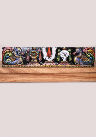 Wooden Hamsa Bird Designed Lord Balaji's Thirunamam and Conch and Chakra Horizontal Multicoloured Wall Panel 24"
