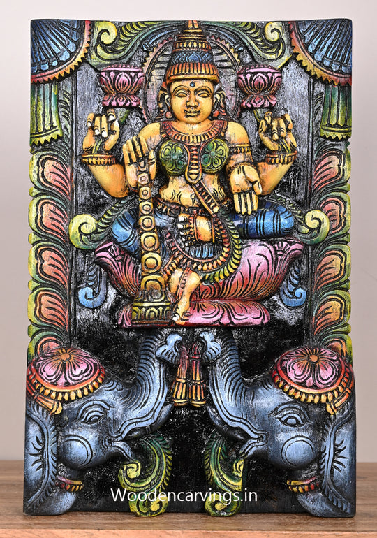 Goddess Maha Lakshmi With Grey Elephants Wooden Unique Floral Designed Vertical Wall Mount 15"