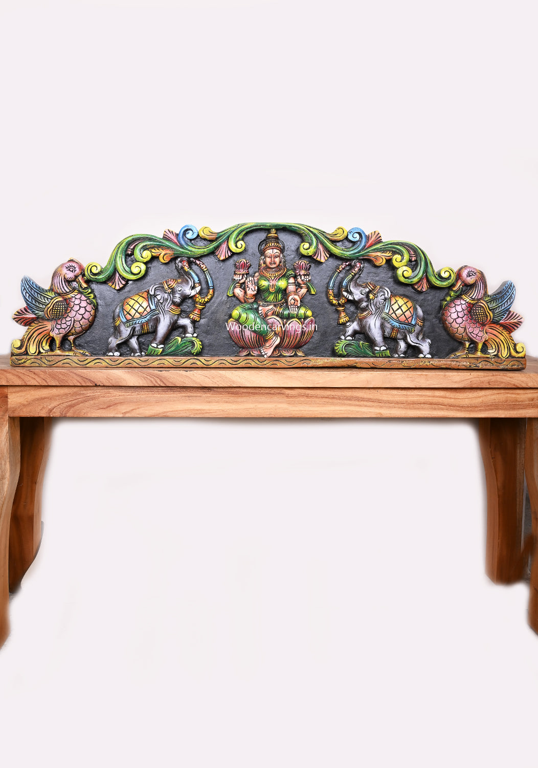 Wooden Horizontal Multicoloured Gaja Lakshmi With Elephants and Hamsa Bird (Annapakshi) Wall Panel 42"