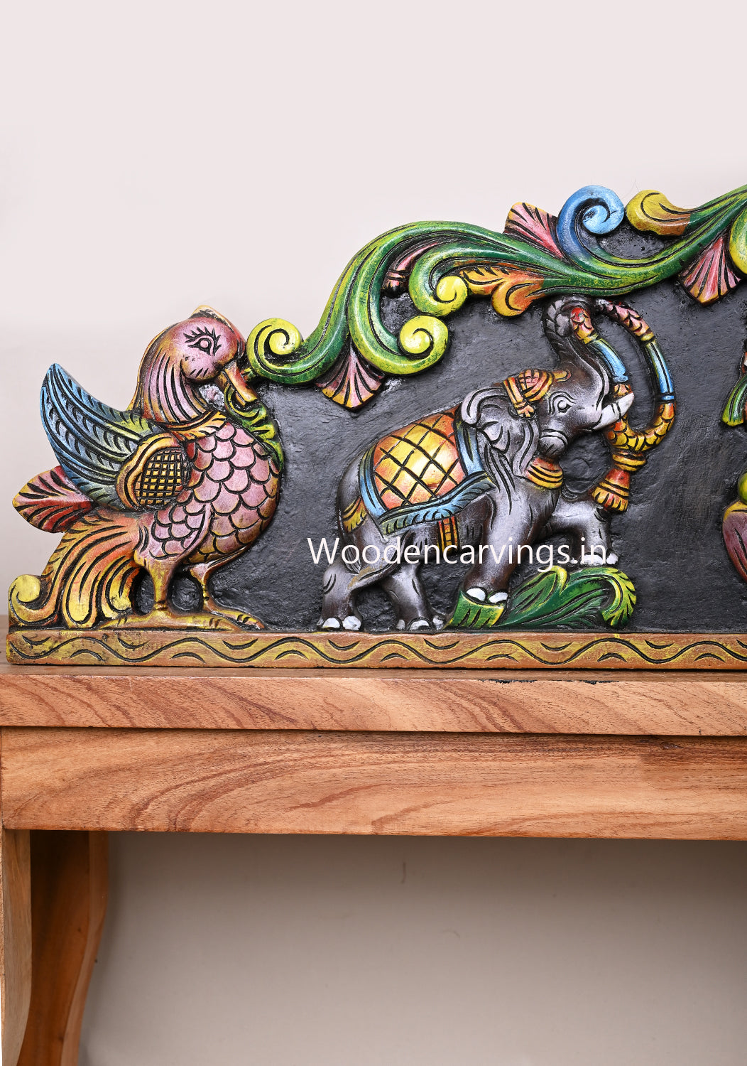 Wooden Horizontal Multicoloured Gaja Lakshmi With Elephants and Hamsa Bird (Annapakshi) Wall Panel 42"