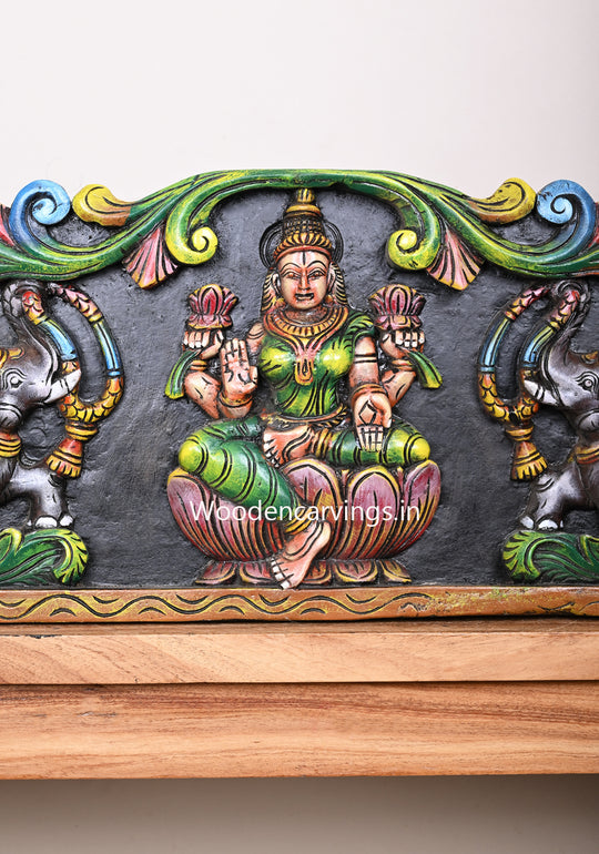 Wooden Horizontal Multicoloured Gaja Lakshmi With Elephants and Hamsa Bird (Annapakshi) Wall Panel 42"