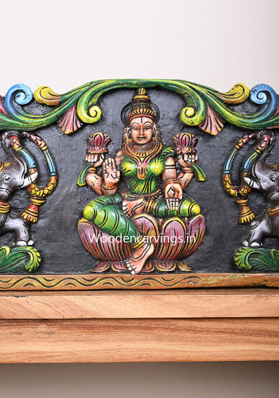 Wooden Horizontal Multicoloured Gaja Lakshmi With Elephants and Hamsa Bird (Annapakshi) Wall Panel 42"