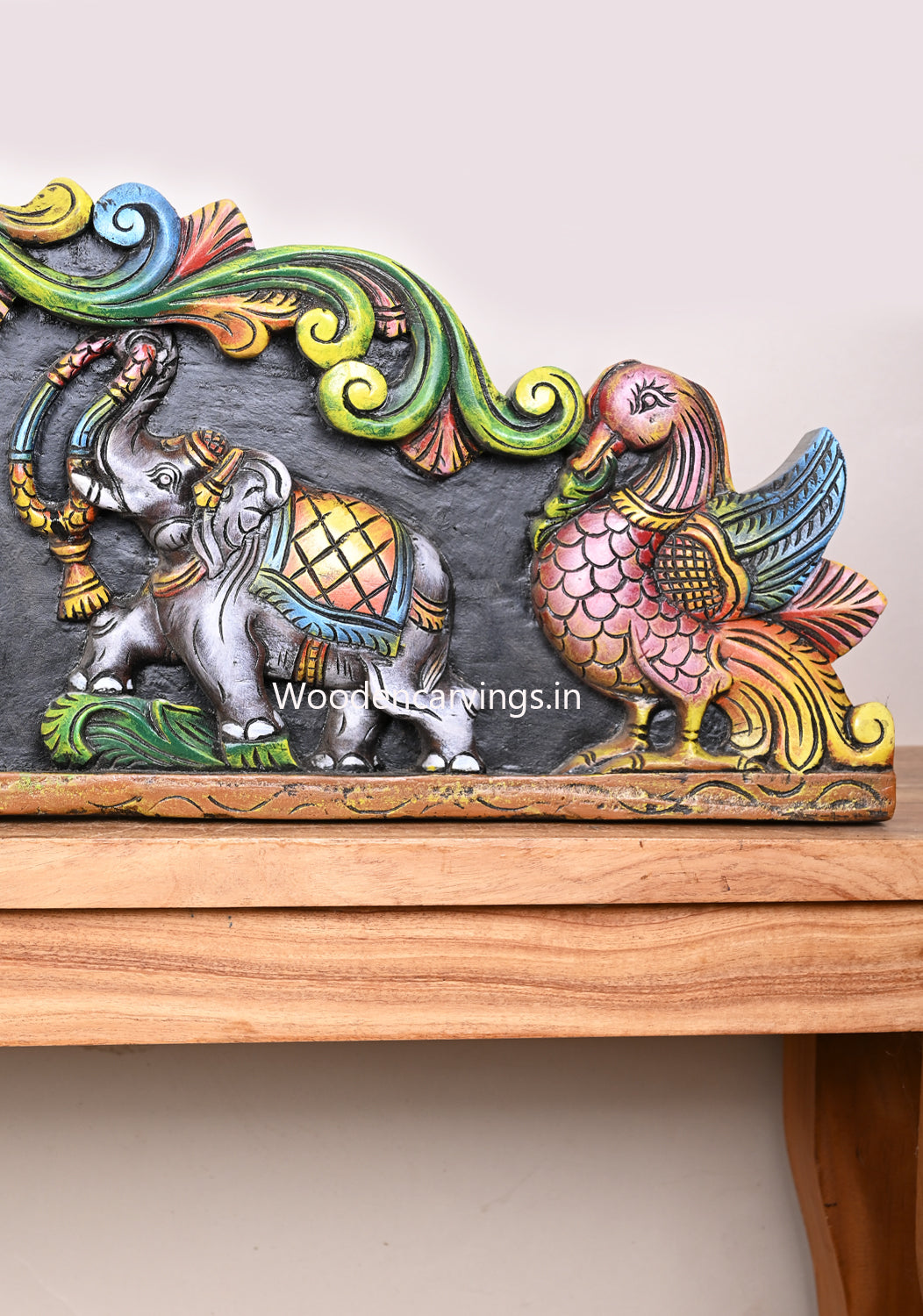 Wooden Horizontal Multicoloured Gaja Lakshmi With Elephants and Hamsa Bird (Annapakshi) Wall Panel 42"