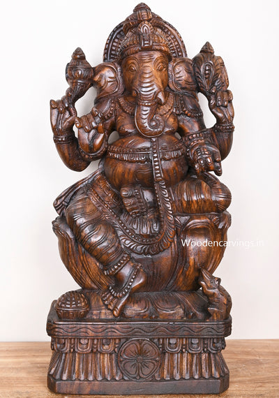 Wax brown Finishing Lord Ganapathy Seated on Petal Lotus Holding Pasa and Ankusha Ayuthas Sculpture 24"