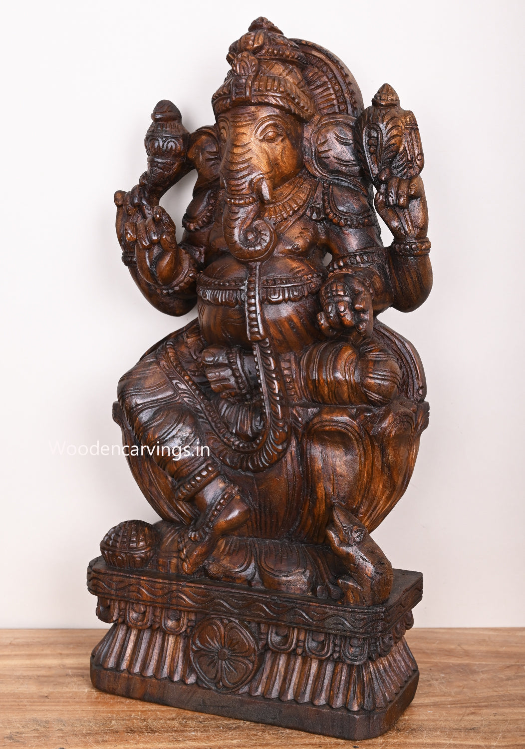 Wax brown Finishing Lord Ganapathy Seated on Petal Lotus Holding Pasa and Ankusha Ayuthas Sculpture 24"