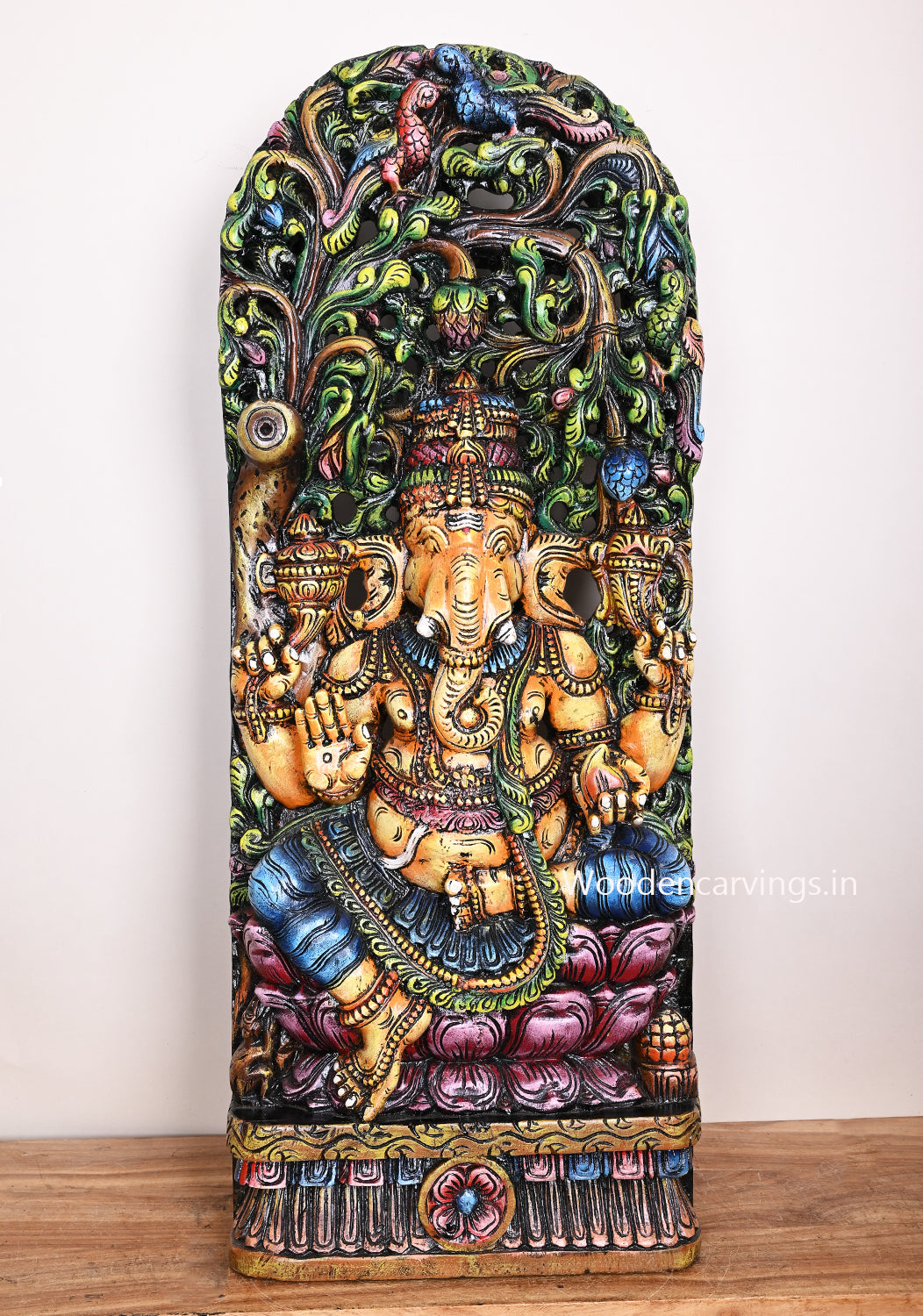 Colourful Decorating Lord Ganapathy Seated on Double Petal Lotus Jali Work Wall Mount Sculpture 37"