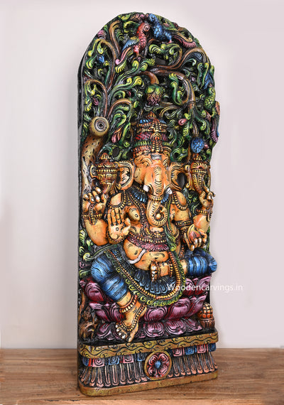 Colourful Decorating Lord Ganapathy Seated on Double Petal Lotus Jali Work Wall Mount Sculpture 37"