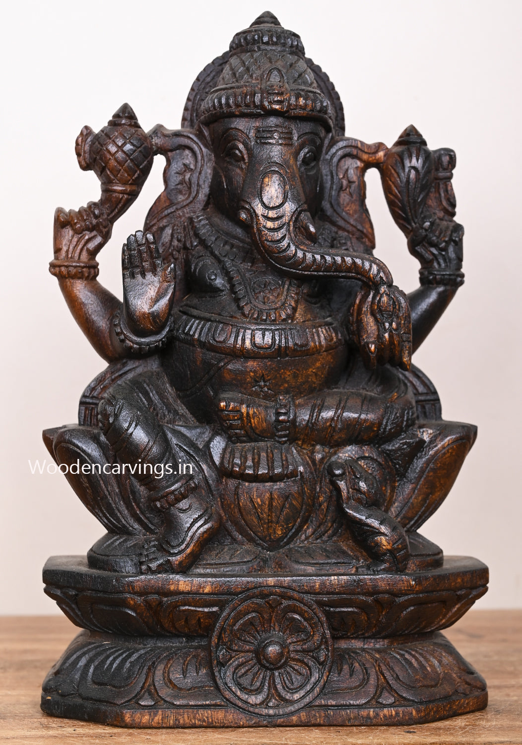 Blessing Lord Ganapathy on Petal Lotus Dark Brown Finishing Handmade Wooden Light Weight Sculpture 12"