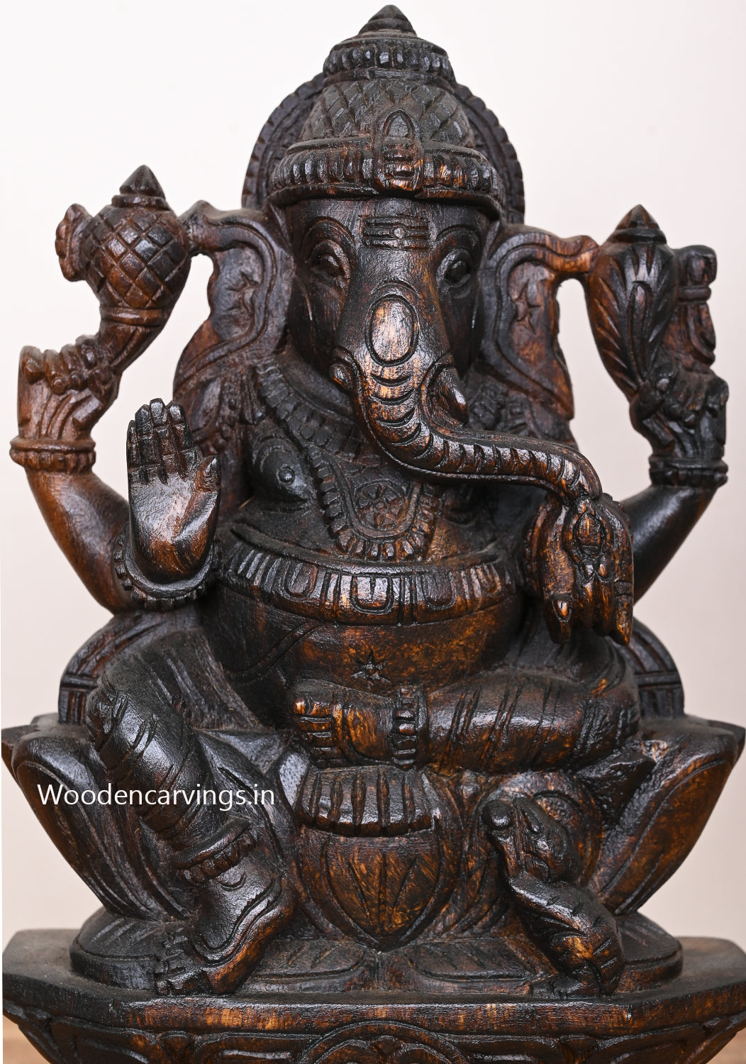 Blessing Lord Ganapathy on Petal Lotus Dark Brown Finishing Handmade Wooden Light Weight Sculpture 12"