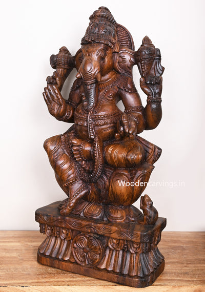 Blessing Preety Lord Ganapathy Seated on Petal Lotus With Base Wooden Wax Brown Home Decor Sculpture 24"