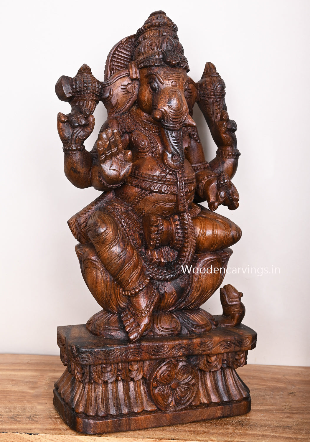 Blessing Preety Lord Ganapathy Seated on Petal Lotus With Base Wooden Wax Brown Home Decor Sculpture 24"
