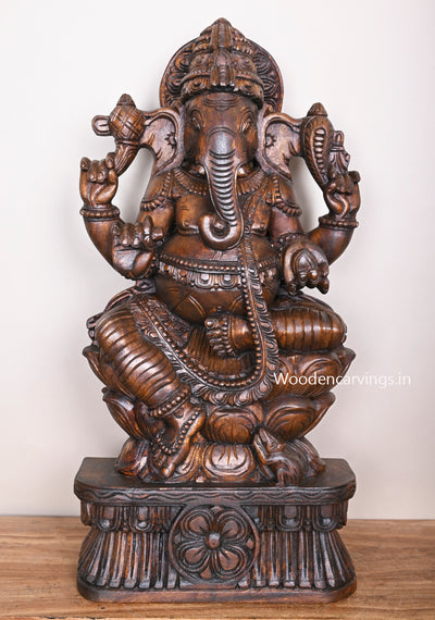 BalaGanapathy Simply Seated on Bouble Petal Lotus Carved With His Powerful Four Hands Sculpture 30"