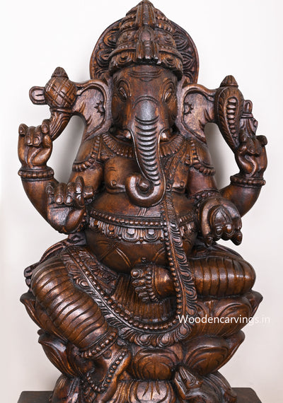 BalaGanapathy Simply Seated on Bouble Petal Lotus Carved With His Powerful Four Hands Sculpture 30"