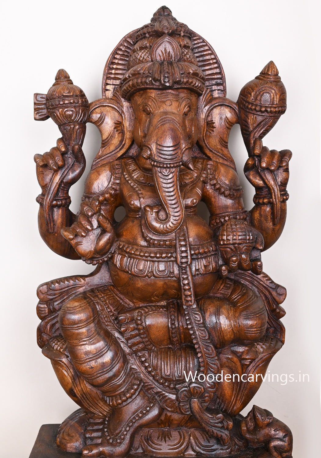 Murthi Maha Ganapathy Seated on Lotus With His Vahana Mouse Wooden Handmade Fine Wax Brown Sculpture 31"