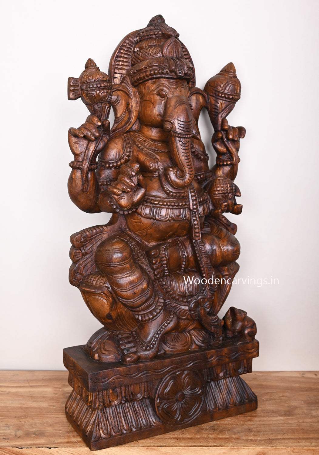 Murthi Maha Ganapathy Seated on Lotus With His Vahana Mouse Wooden Handmade Fine Wax Brown Sculpture 31"