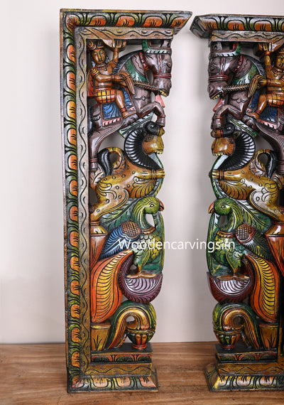 Decorative For Home Entrances Vertical Man Riding on Horse,Yaazhi and Green Parrots Wooden Multicoloured Wall Mount 38"