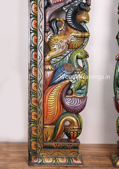 Decorative For Home Entrances Vertical Man Riding on Horse,Yaazhi and Green Parrots Wooden Multicoloured Wall Mount 38"